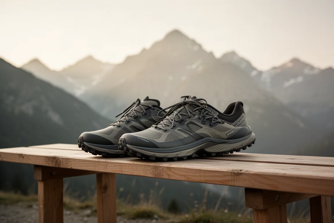 Pair of trail running shoes resting on a wooden bench with mountain scenery behind