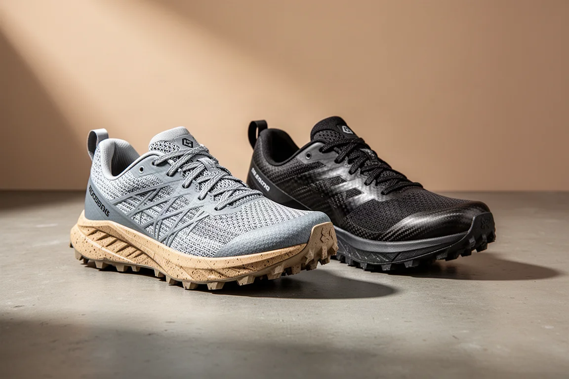Two carbon-plated trail running shoes side by side on a concrete surface