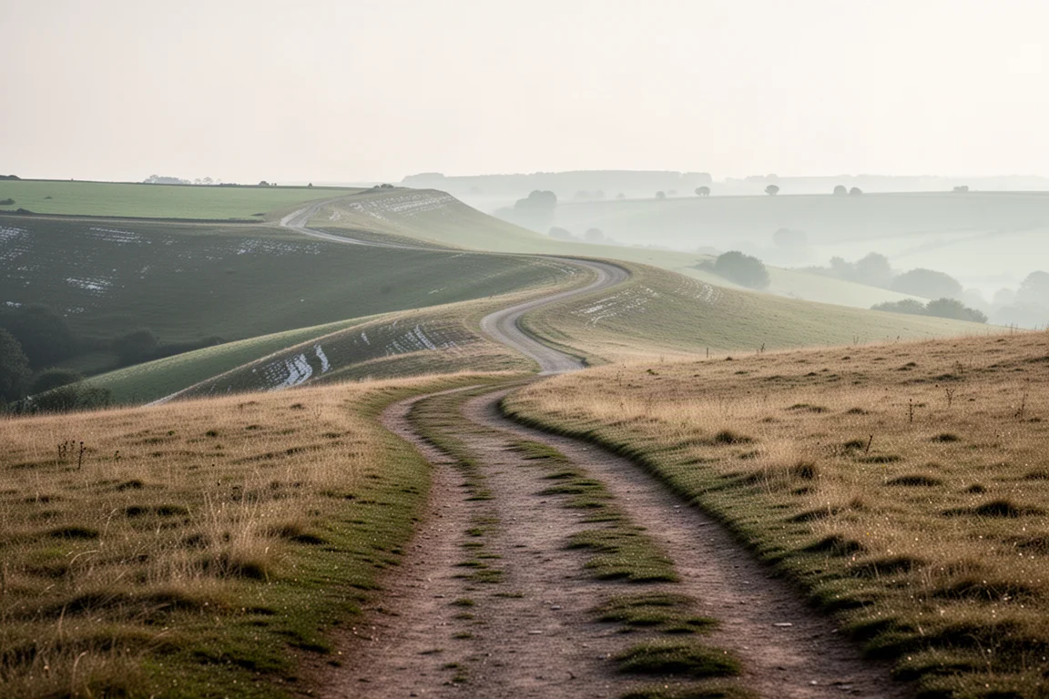 Sentier sinuant à travers les South Downs avec des collines ondulantes sous une lumière douce
