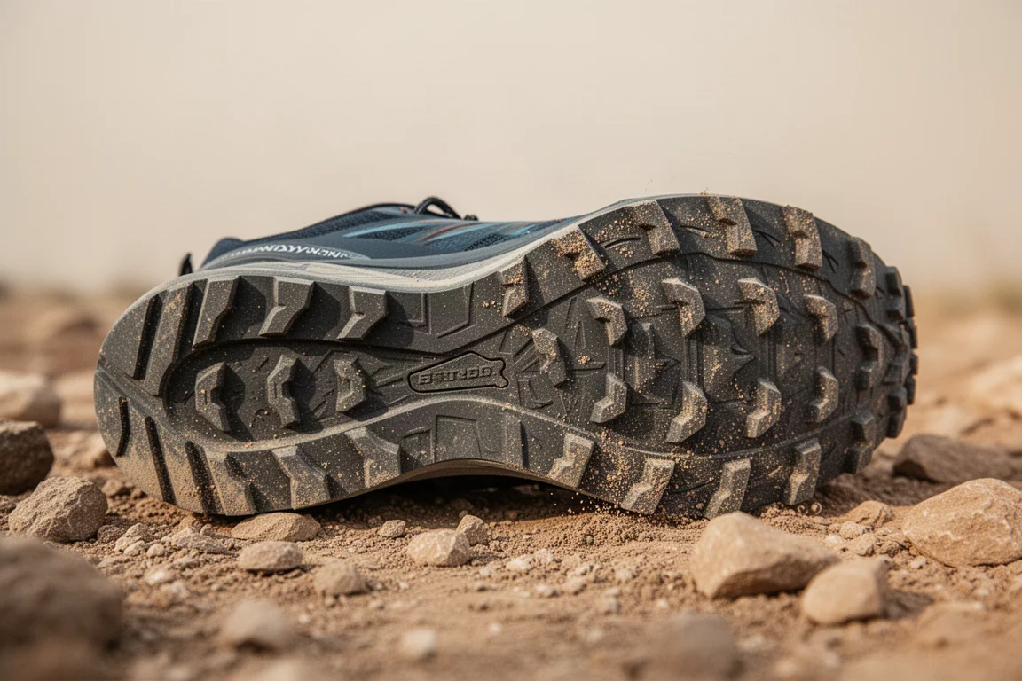 Gros plan sur la semelle extérieure d'une chaussure de trail montrant des crampons peu profonds sur un sol rocailleux
