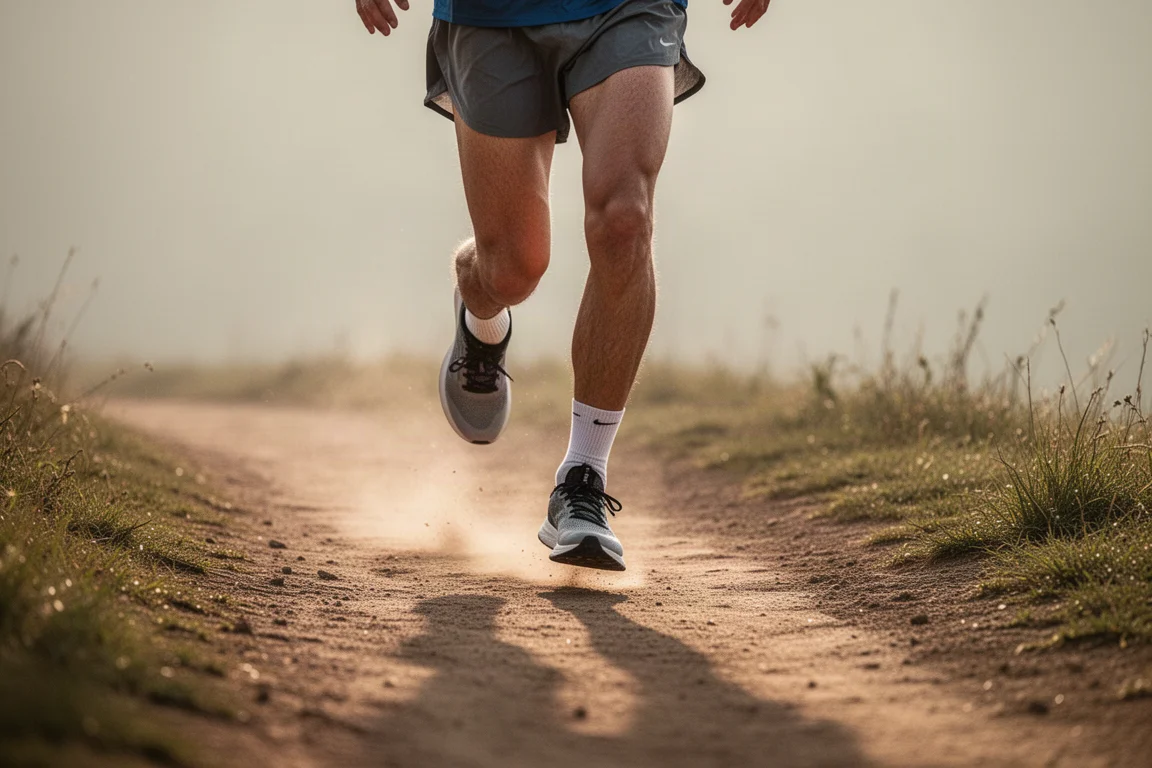 Jambes d'un coureur en pleine foulée sur un sentier souple dans une lumière chaude