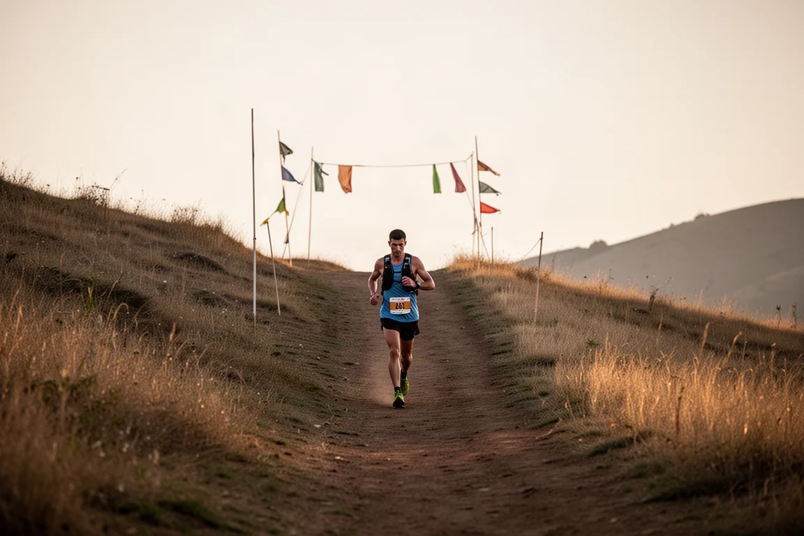 Zone d'arrivée d'une course de trail avec drapeaux et approche en douce descente au crépuscule