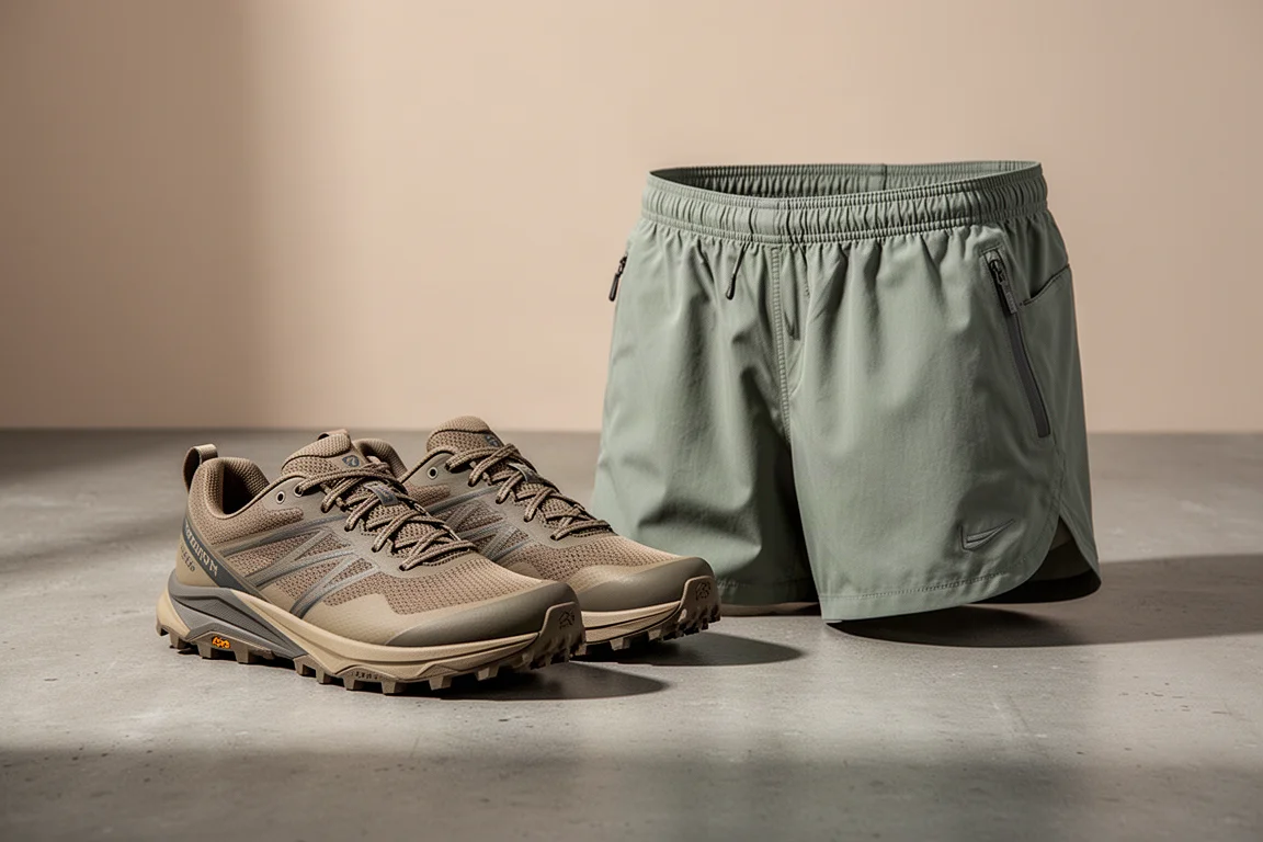 Trail running shoes and lightweight running shorts arranged on a concrete surface
