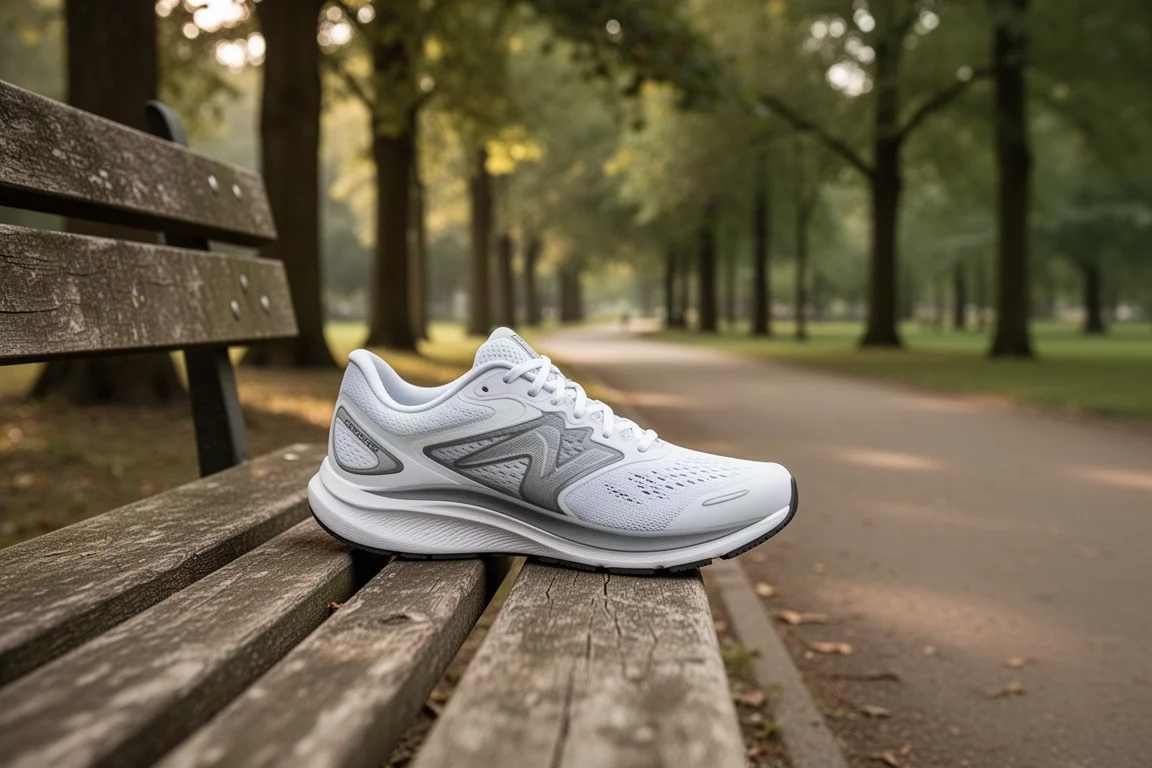 Laufschuh auf einer Holzbank neben einem Parkweg