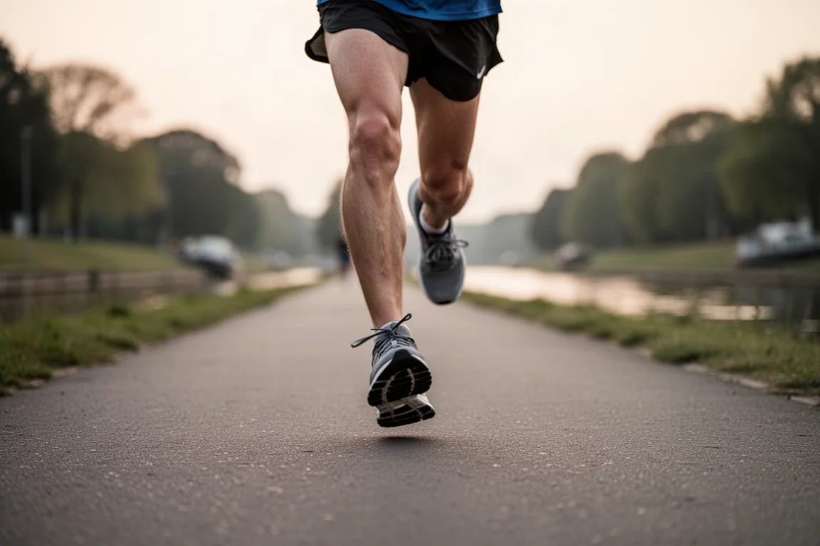 Läufer joggt gleichmäßig auf einem befestigten Weg im sanften Abendlicht