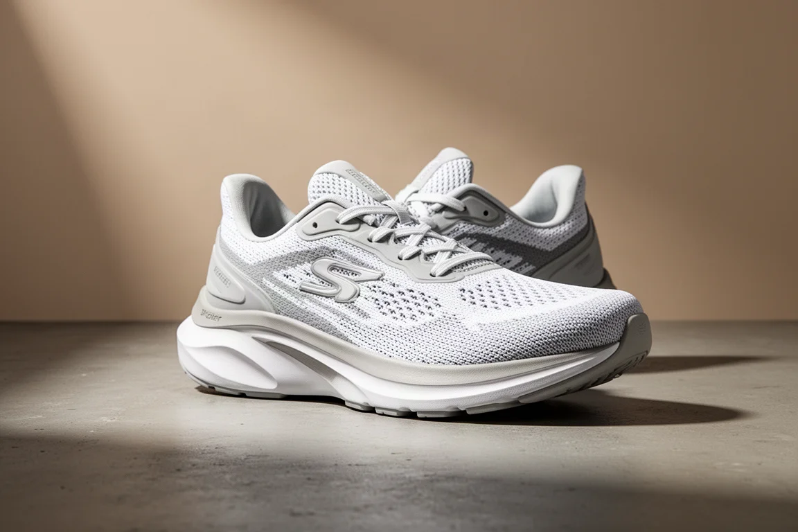 Vit Asics Gel-Cumulus 25 löparsko för väg i trekvartsvinkel på betong