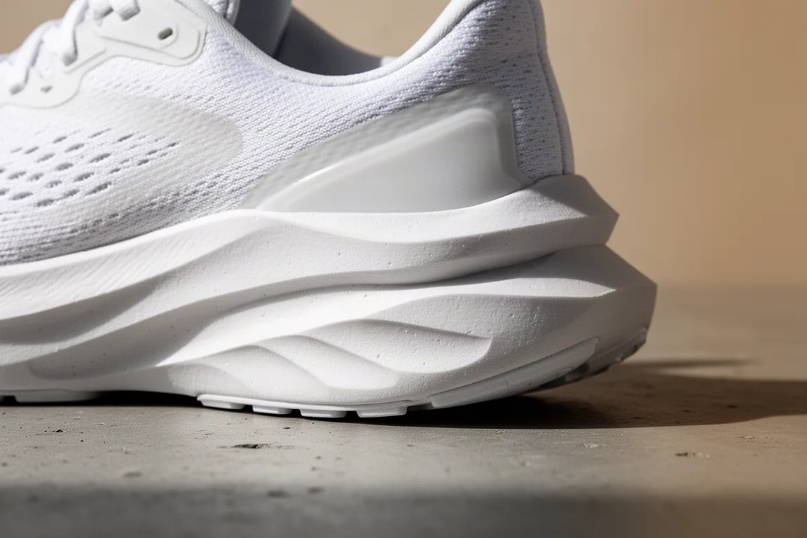 Primo piano dell'intersuola in schiuma spessa di una scarpa da running su una superficie grigia da studio
