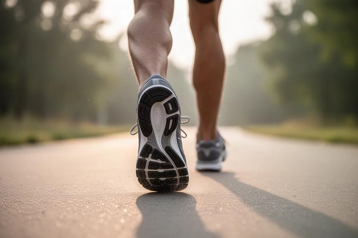 Runner che atterra sul tallone durante una corsa facile su asfalto liscio