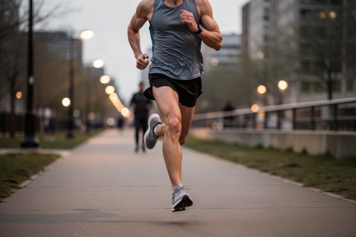 Runner che aumenta il ritmo su un tranquillo percorso urbano al crepuscolo