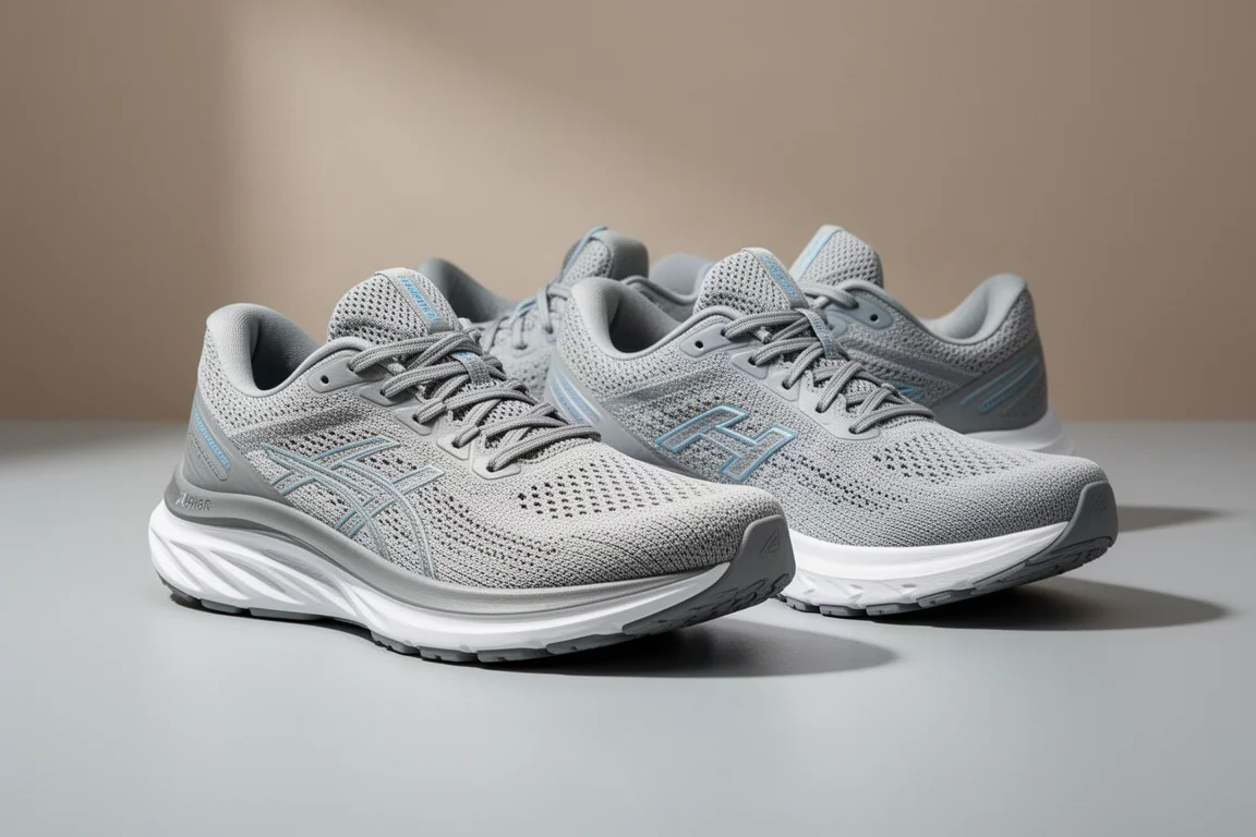 Two ASICS Gel Cumulus running shoes side by side on a grey studio surface