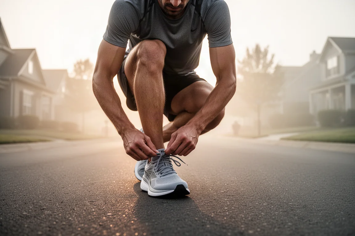 Corredor atándose unas zapatillas de running acolchadas en una tranquila carretera suburbana al amanecer