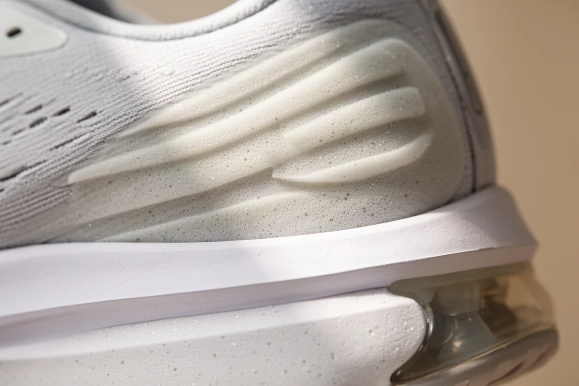 Primer plano de la espuma escalonada de la mediasuela de una zapatilla de running acolchada