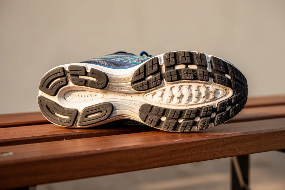 Suela exterior desgastada de una zapatilla de running tras varios cientos de millas de entrenamiento