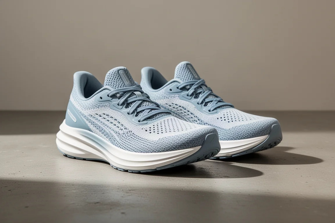 Pair of blue and white cushioned running shoes on a concrete surface