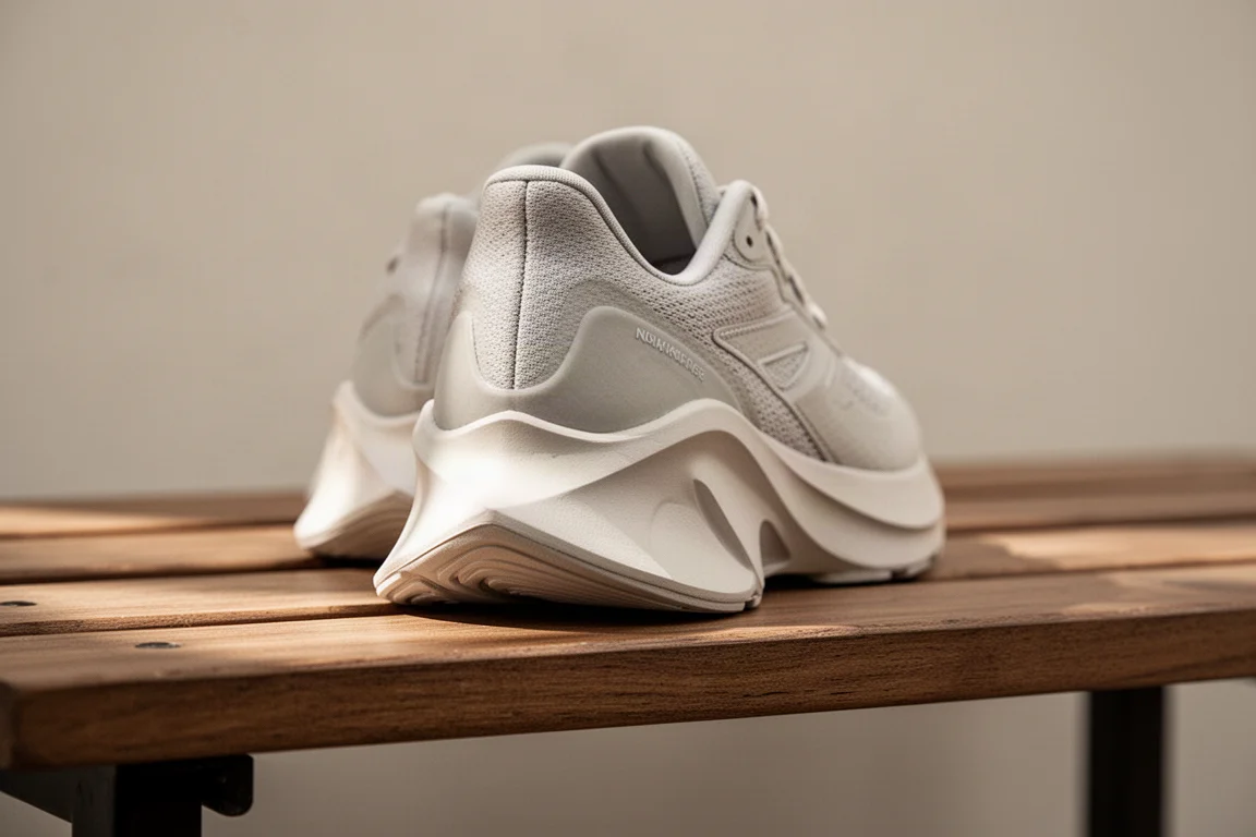 Close-up of a running shoe heel showing midsole geometry