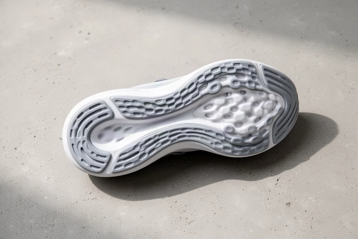 Outsole of a running shoe resting on concrete