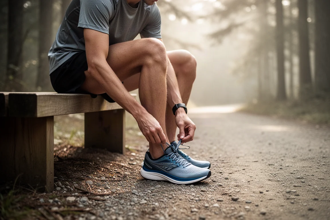 Un corridore in pausa sul bordo di un sentiero controlla la calzata della scarpa