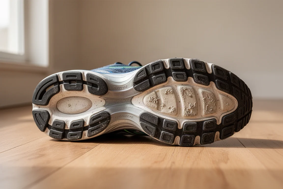Suola esterna di una scarpa da running usurata che mostra abrasioni su un pavimento in legno