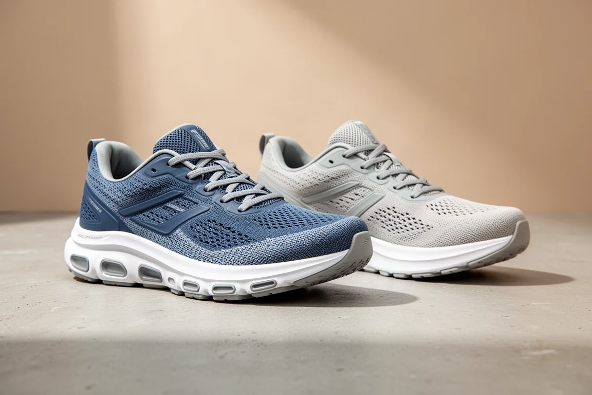 Two ASICS Gel Cumulus daily trainers side by side on a grey concrete surface