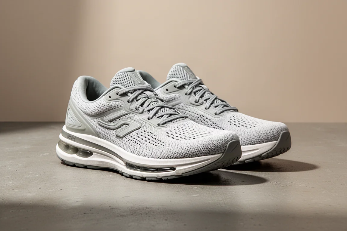 Pair of cushioned ASICS-style running shoes with dual-layer midsole on concrete