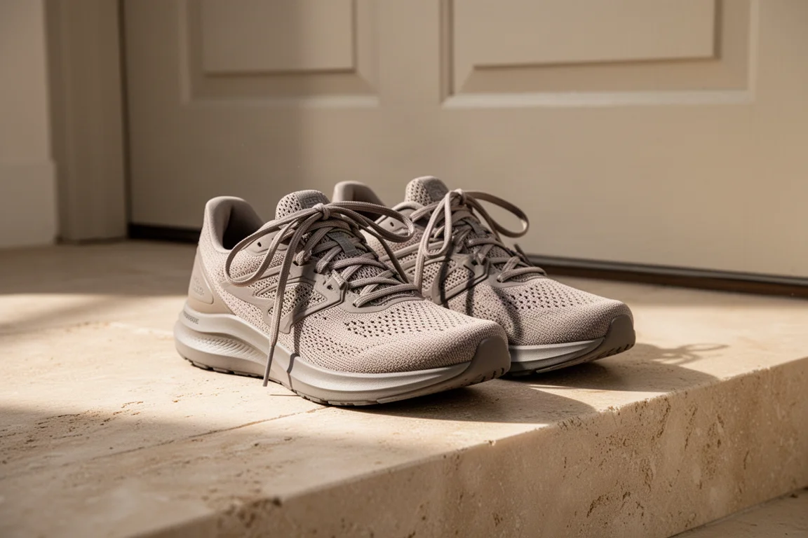 Runner tying the laces of a daily trainer on a suburban sidewalk at sunrise