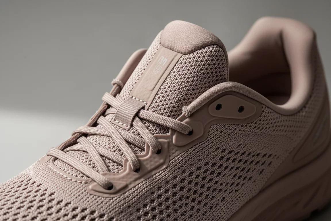 Close-up of the midsole stack and heel of a cushioned road running shoe