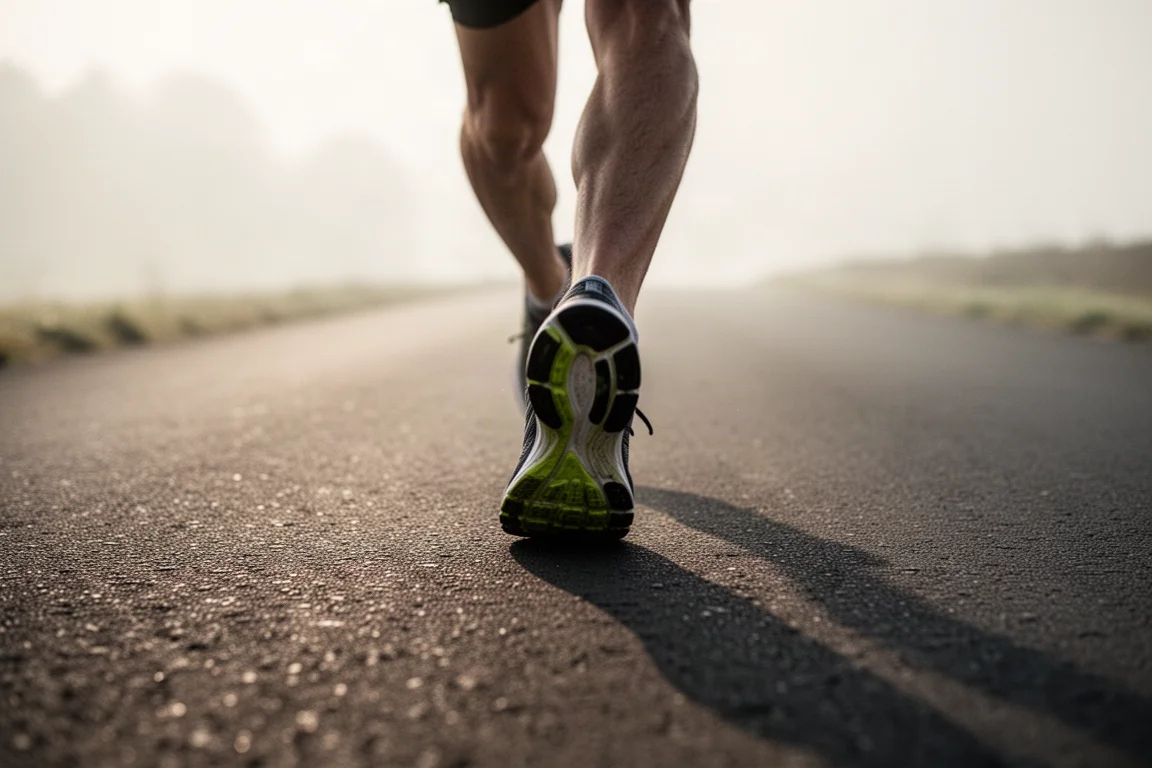 Runner cruising along a tree-lined road in soft evening light