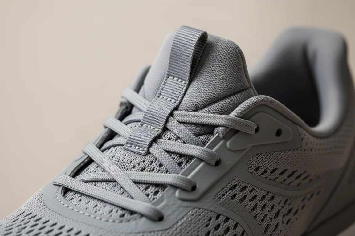 Running shoe lacing system and gusseted tongue in close-up detail