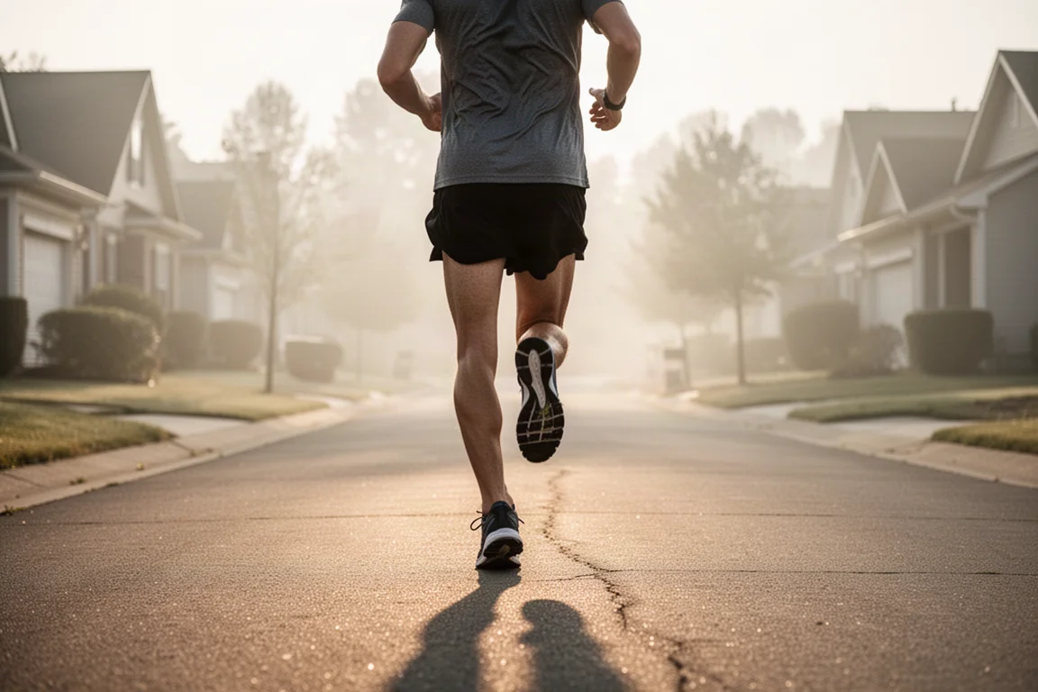 Runner's easy miles on quiet suburban streets in soft morning light