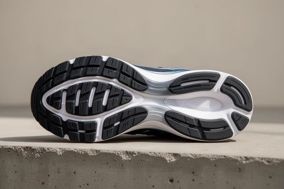 Outsole rubber coverage and heel plug detail on a running shoe
