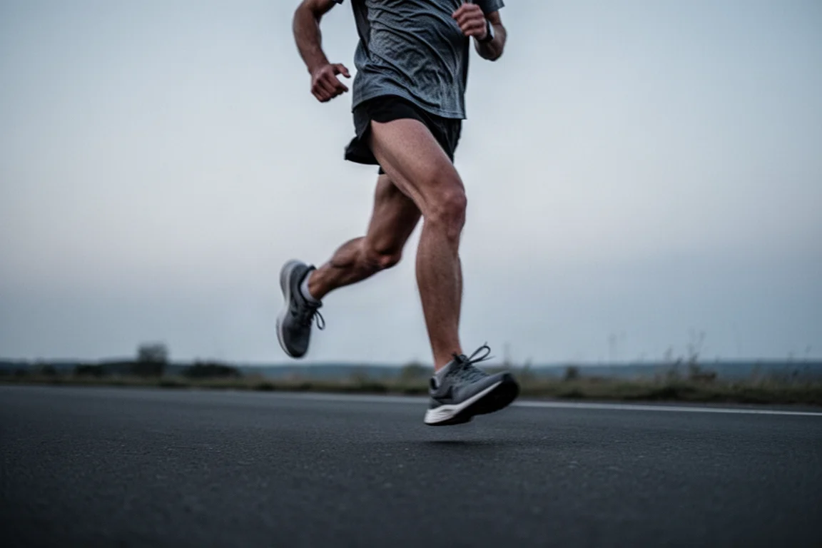 Runner ticking along at an easy steady pace on tarmac at dusk