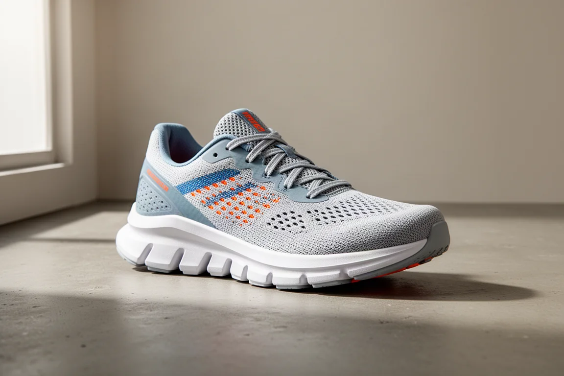 Scarpa da running su strada ASICS Gel Cumulus 28 grigia, blu e arancione su superficie di cemento