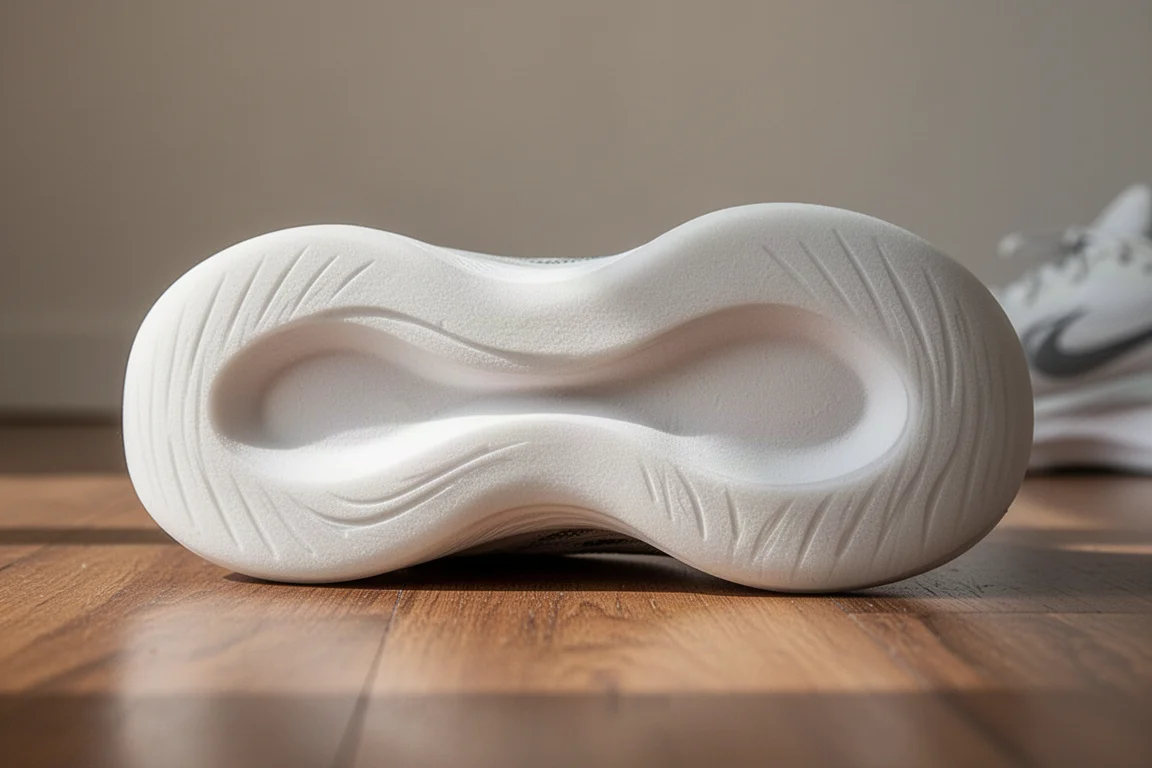 Primer plano de la suela de un zapato de running que muestra una superficie gomosa y suave