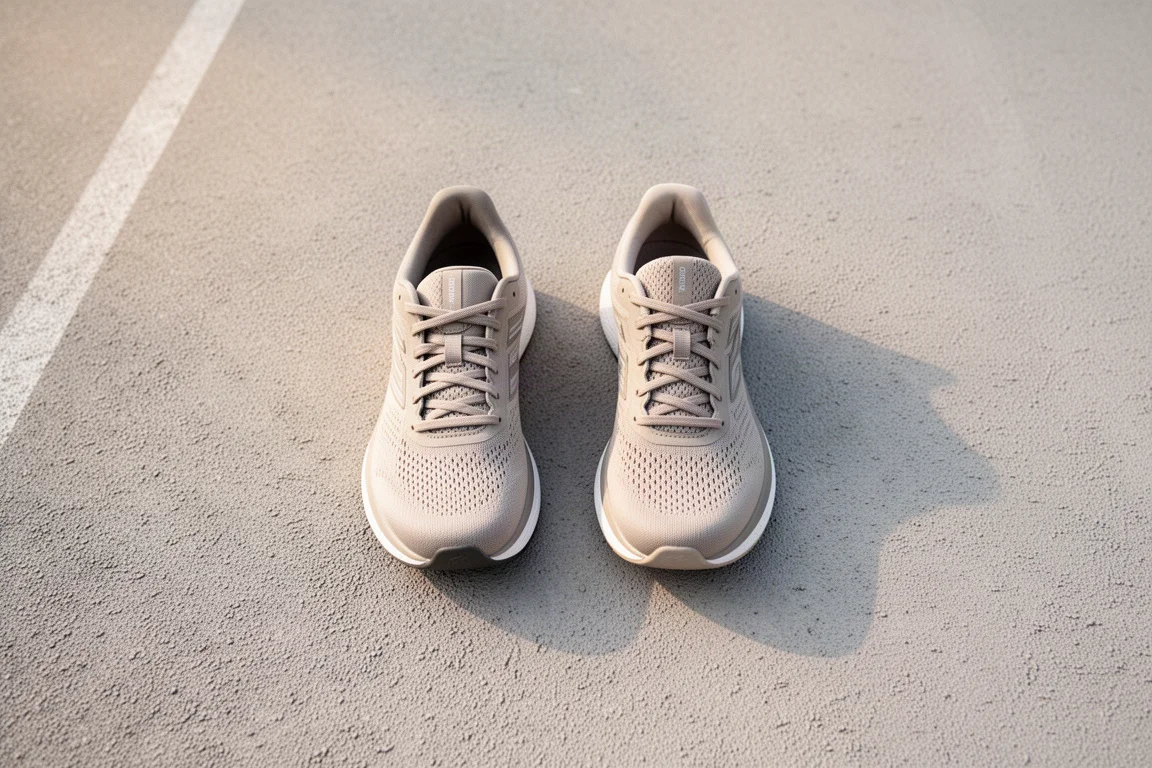 Dos zapatos de running uno al lado del otro en una pista para comparar el peso