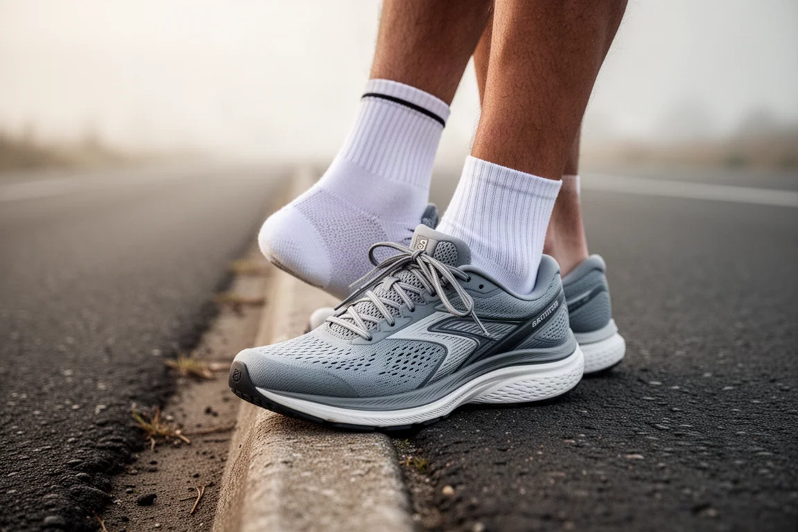 Hardloper strikt een gedempte hardloopschoen op een stoeprand langs de weg vóór een rustige run