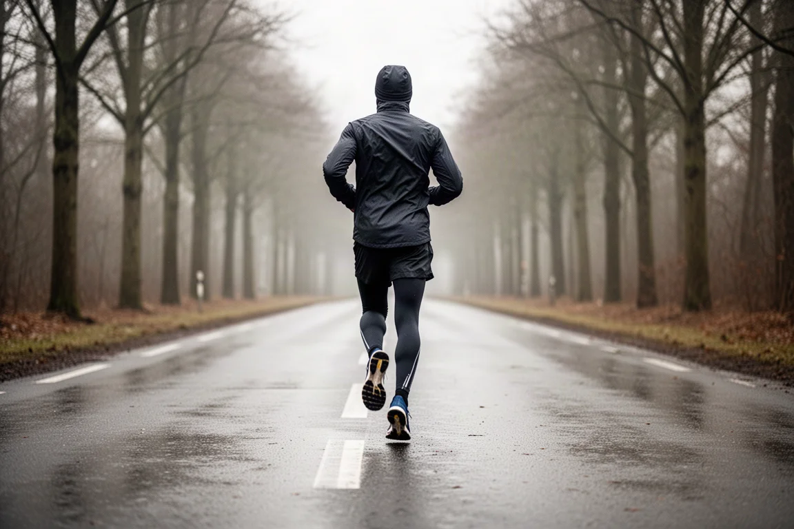 Hardloper jogt op rustig tempo over een natte winterweg met bomen langs de kant