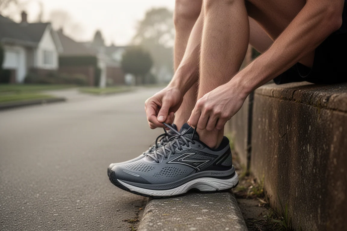 Un coureur lace une chaussure de running stabilisatrice à amorti sur un trottoir de banlieue