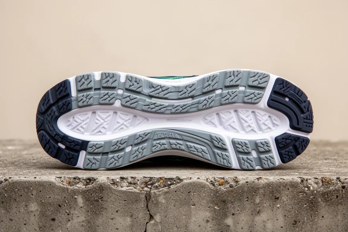 Semelle extérieure d'une chaussure de running montrant la couverture en caoutchouc sur une surface en béton