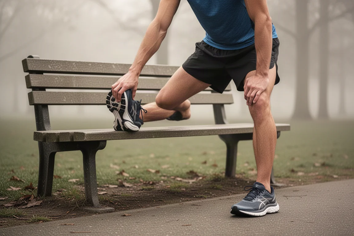 Un coureur s'étirant près d'un banc de parc après une courte sortie facile