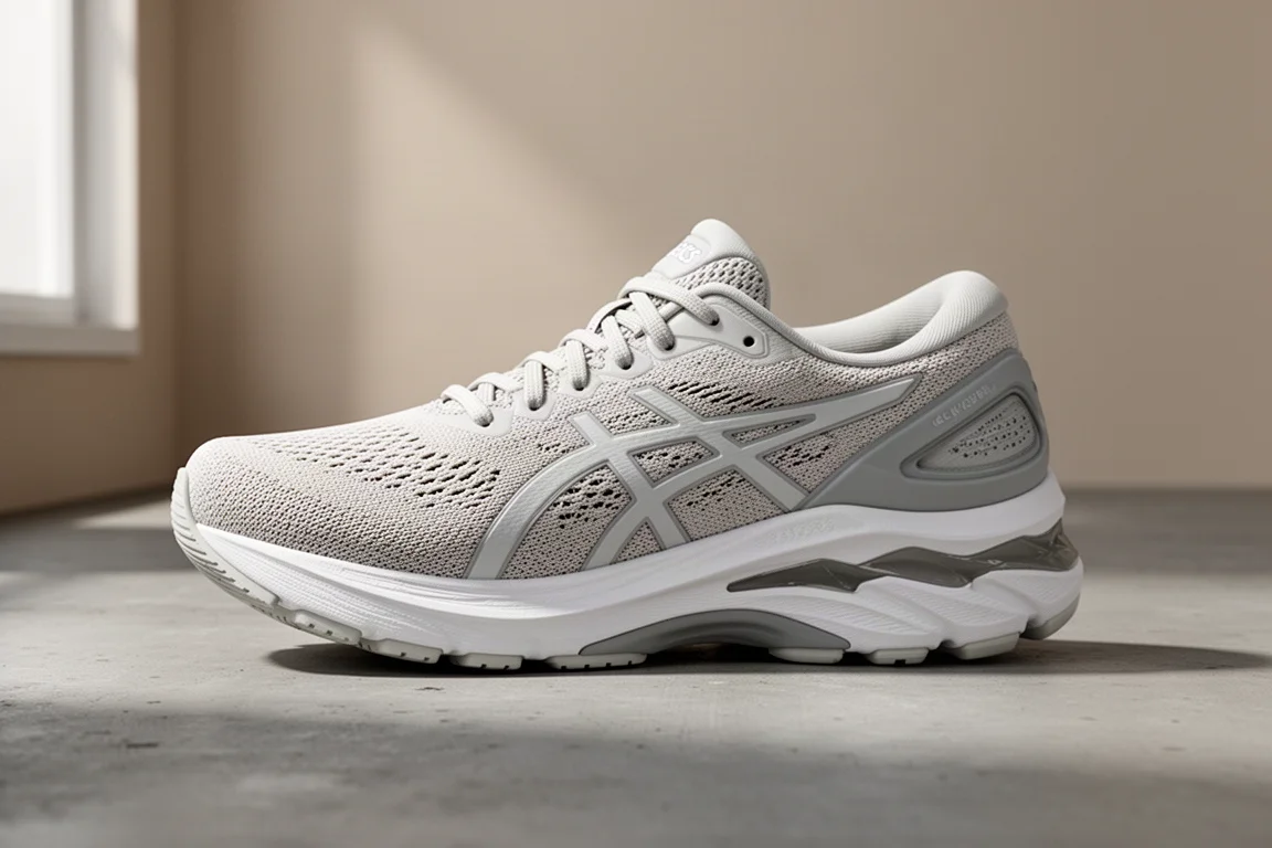 ASICS Gel-Kayano 30 running shoe with thick foam midsole on a concrete surface