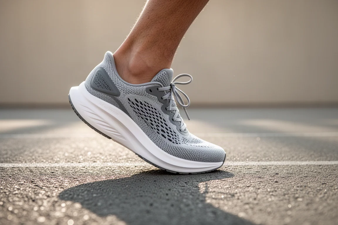 Close-up of a sculpted midsole foam showing its wide stable base