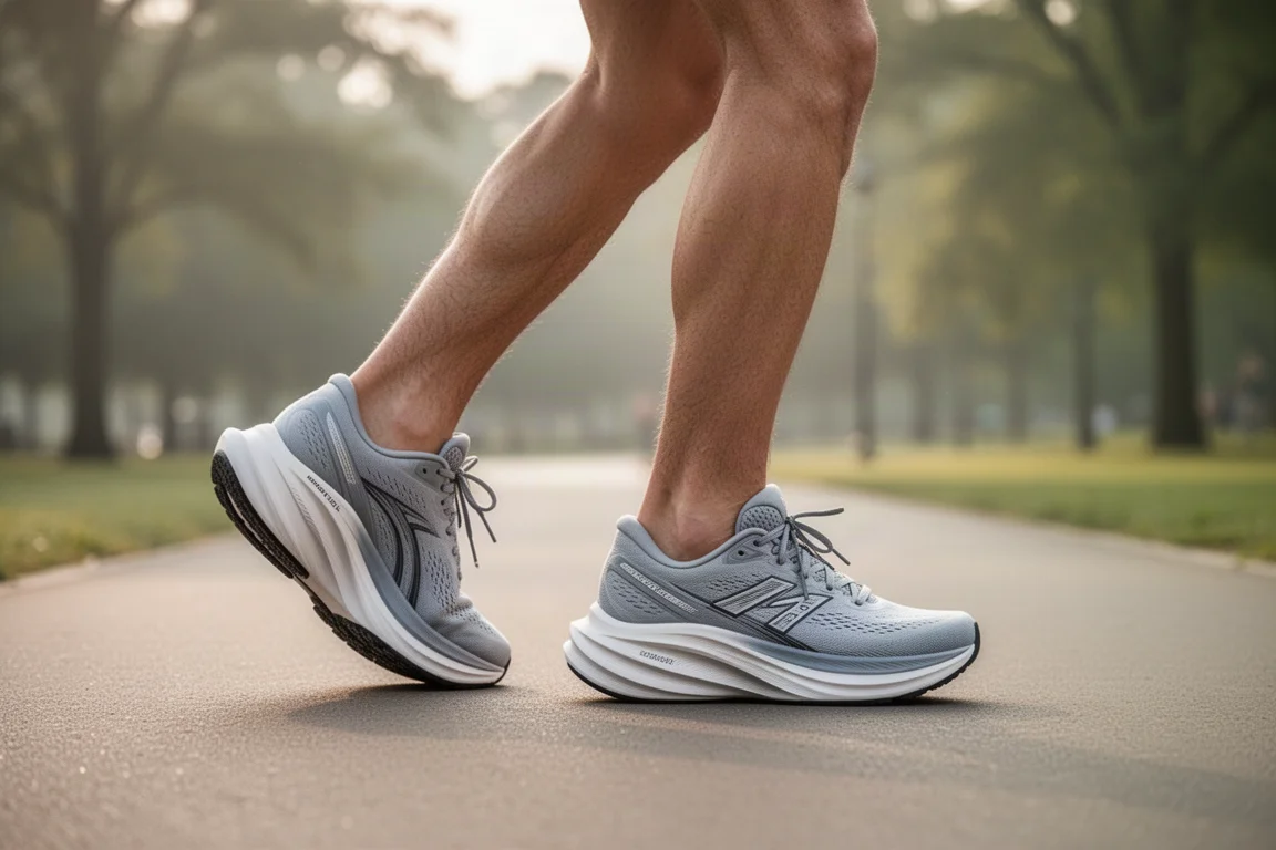 Runner in piedi su un sentiero asfaltato con scarpe da running stabili con tomaia alta