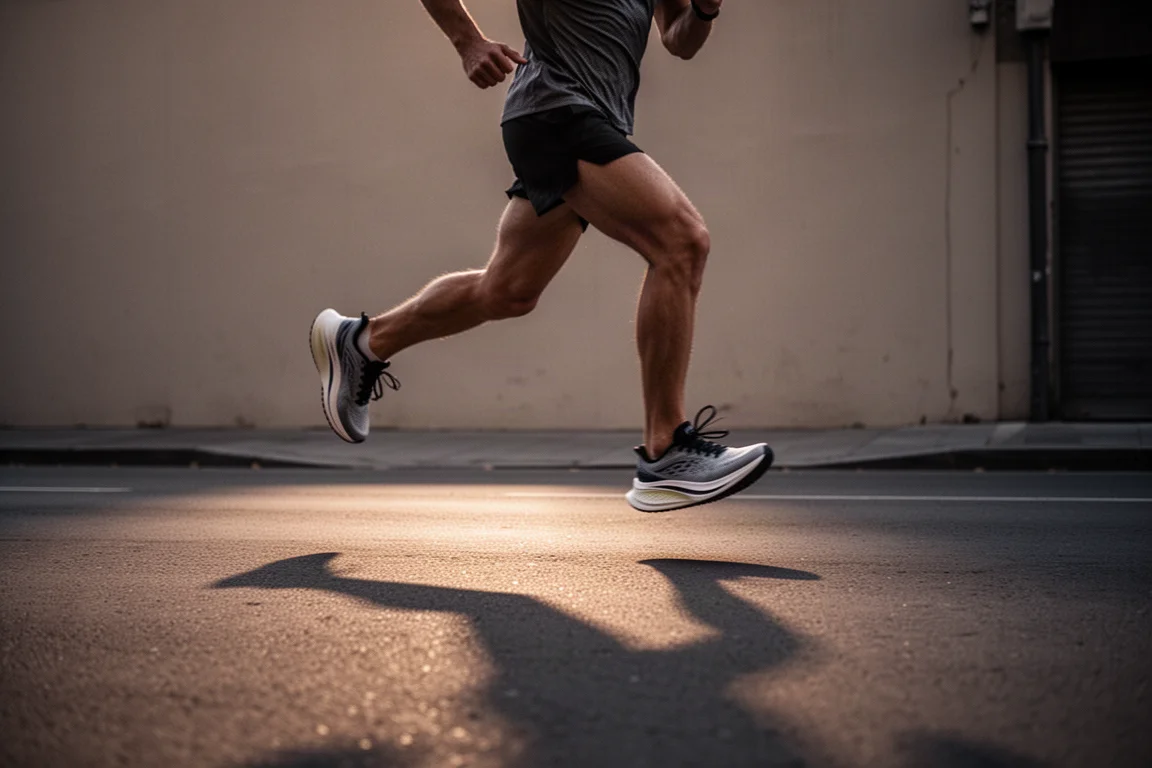 Runner che trotterella in una tranquilla strada cittadina al tramonto con scarpe da allenamento quotidiano