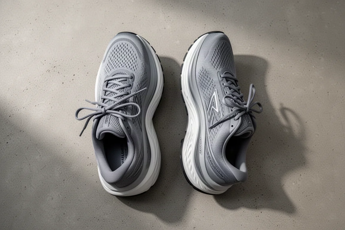 Two stability running shoes side by side on a concrete surface