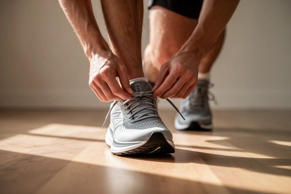 Close-up of a runner lacing a running shoe in soft daylight