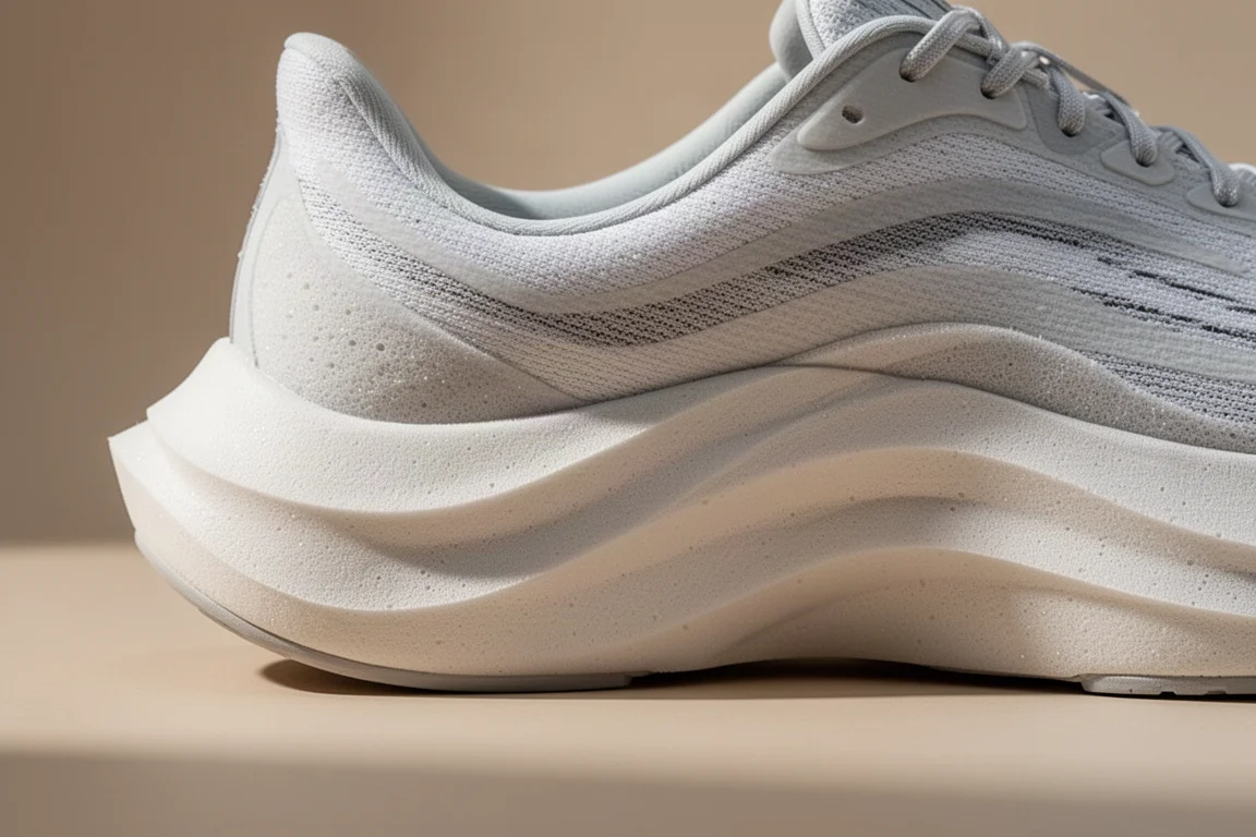 Close-up of a thick sculpted running shoe midsole on a neutral surface