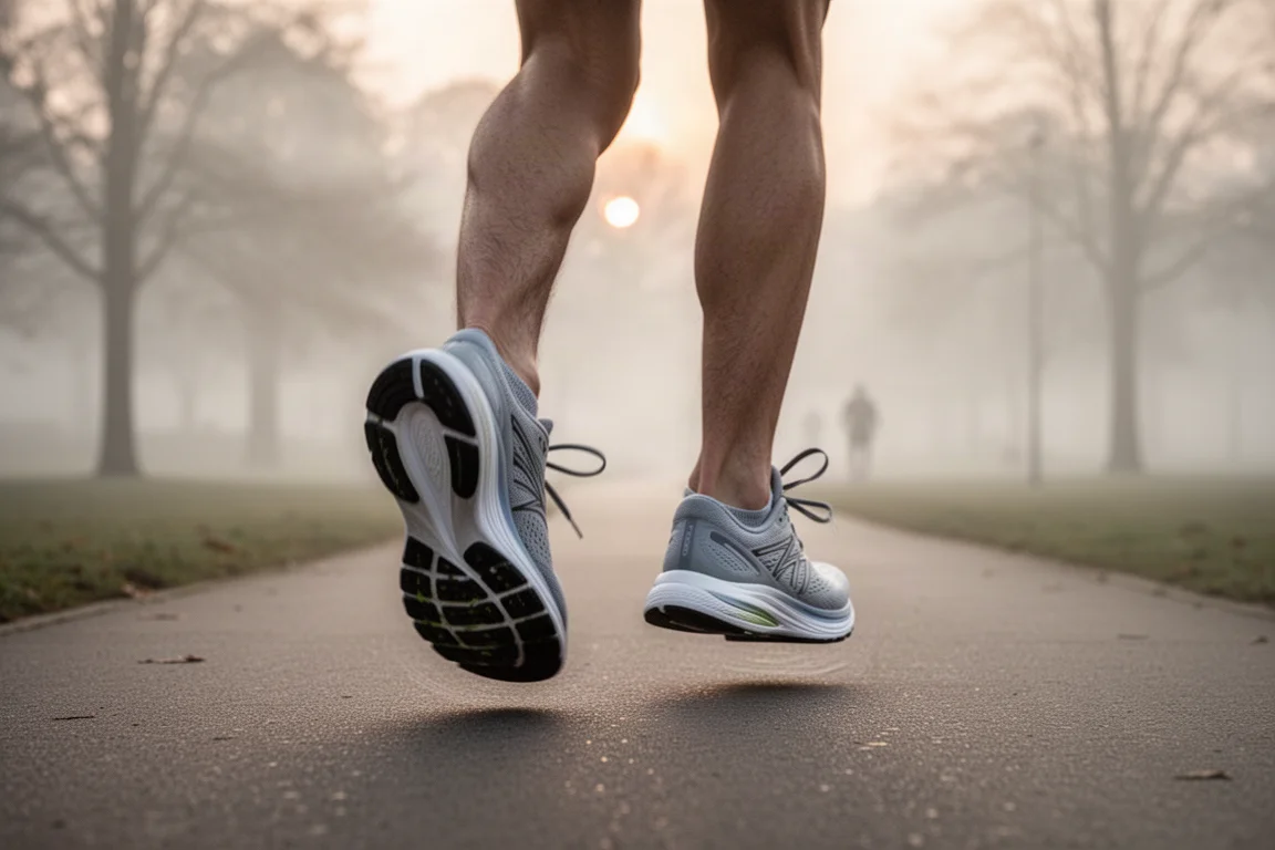 Pieds d'un coureur touchant un chemin pavé dans une douce lumière matinale