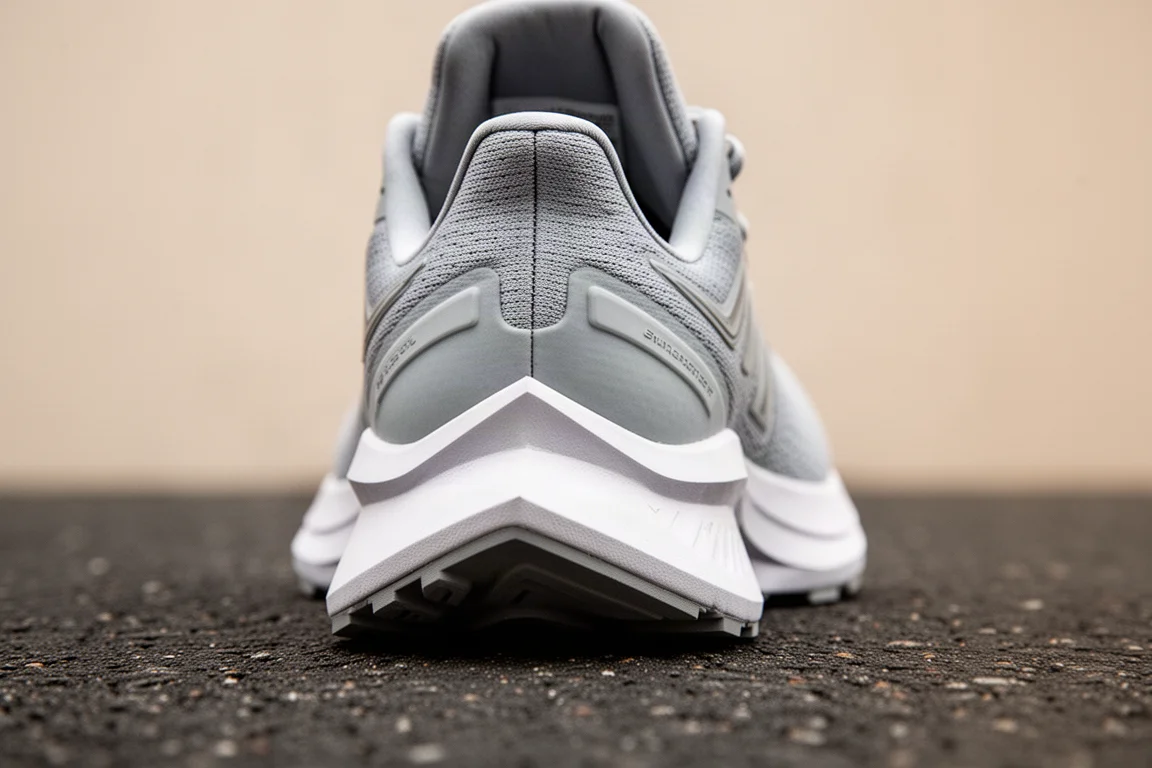 Gros plan sur le talon épais et amorti d'une chaussure de running posée sur l'asphalte