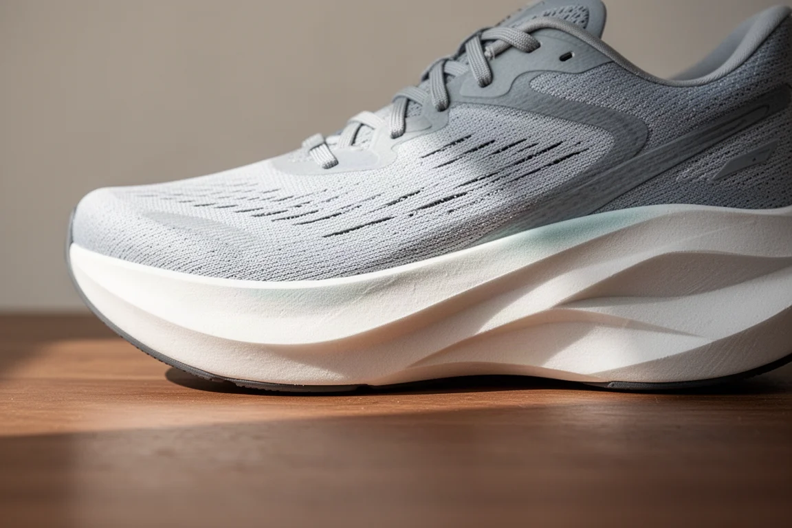 Semelle extérieure d'une chaussure de running montrant le flanc de la semelle intermédiaire et une plateforme large