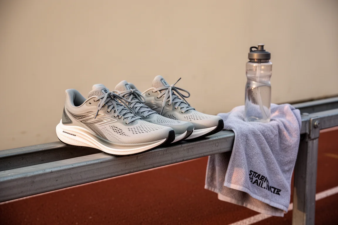 Deux chaussures de running posées sur une bordure de piste avec du matériel d'entraînement à proximité